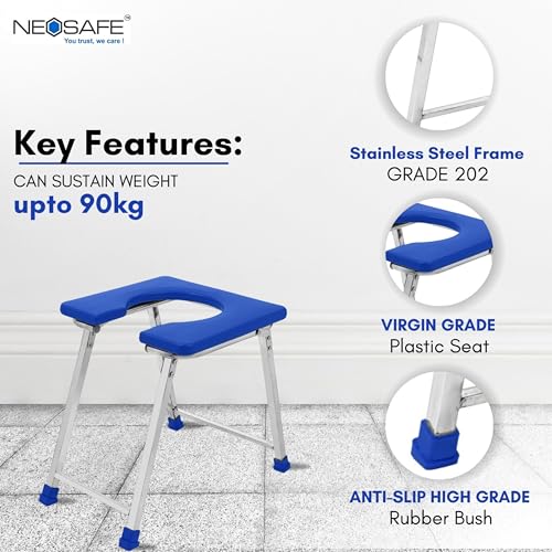 NEOSAFE Foldable 202-Grade Stainless Steel Commode Chair, Portable Toilet Stool with Anti-Slip Rubber Feet, 100 kg Weight Capacity, Stable & Easy-Clean Bathroom Aid for Elderly, Disabled & Patients - Image 5