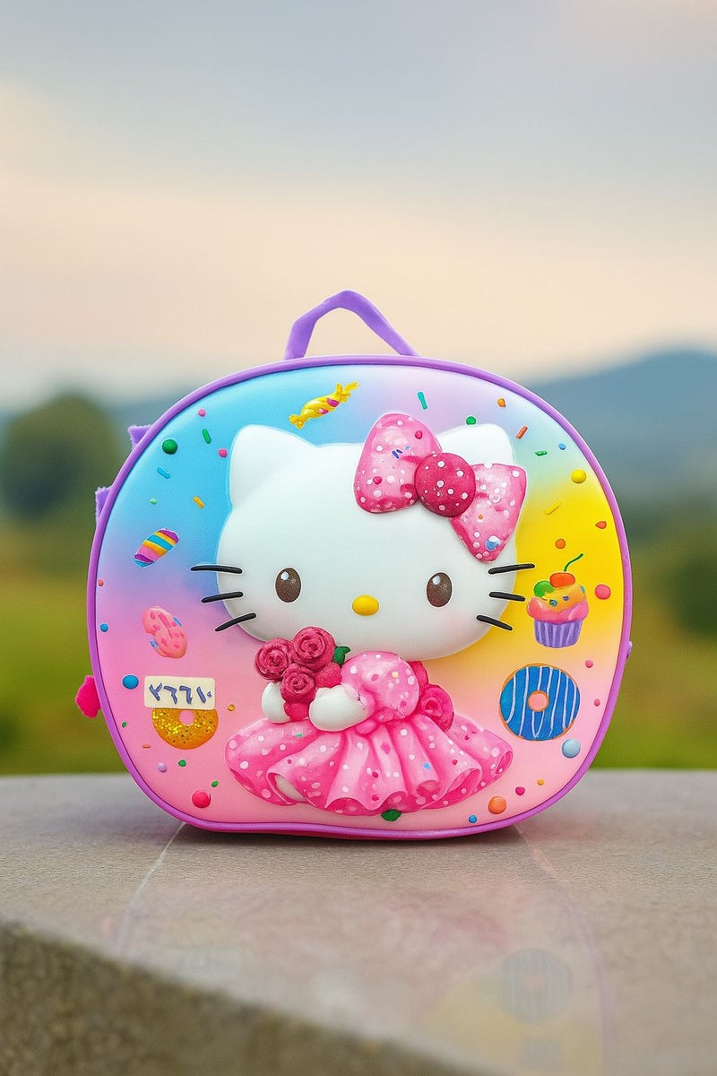 هالو كيتي حقيبة مدرسية دائرية للأطفال بتصميم شخصية هالو كيتي الكرتونية | ألوان زاهية وخامة عالية الجودة | شنطة فسحة للأطفال مع يد حمل مريحة وخفيفة الوزن | مثالية للمدرسة والرحلات والنزهات