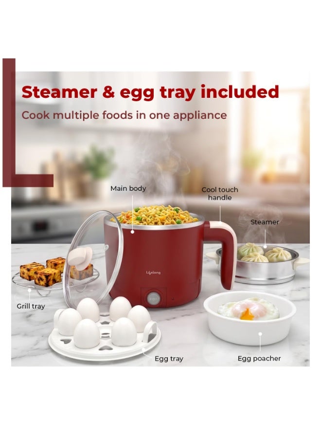 Lifelong Multipurpose Kettle | Multi Cooker Electric Kettle with Egg Tray, 1.2L Stainless Steel Body, Auto Cut Off, 300W Slow Heat & 650W Quick Boil | Boil Rice, Steam & Cook Vegetables, Eggs & Momos - Image 2