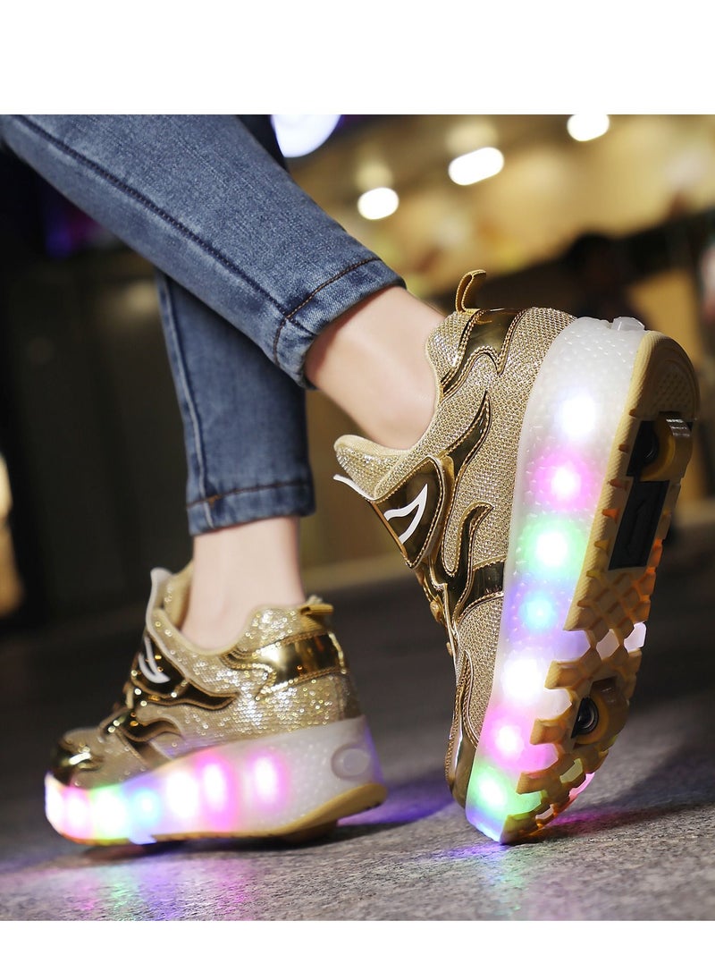 Loquat - LED Flash Light Fashion Shiny Sneaker Skate Shoes With Wheels And Lightning Sole Gold - Image 1