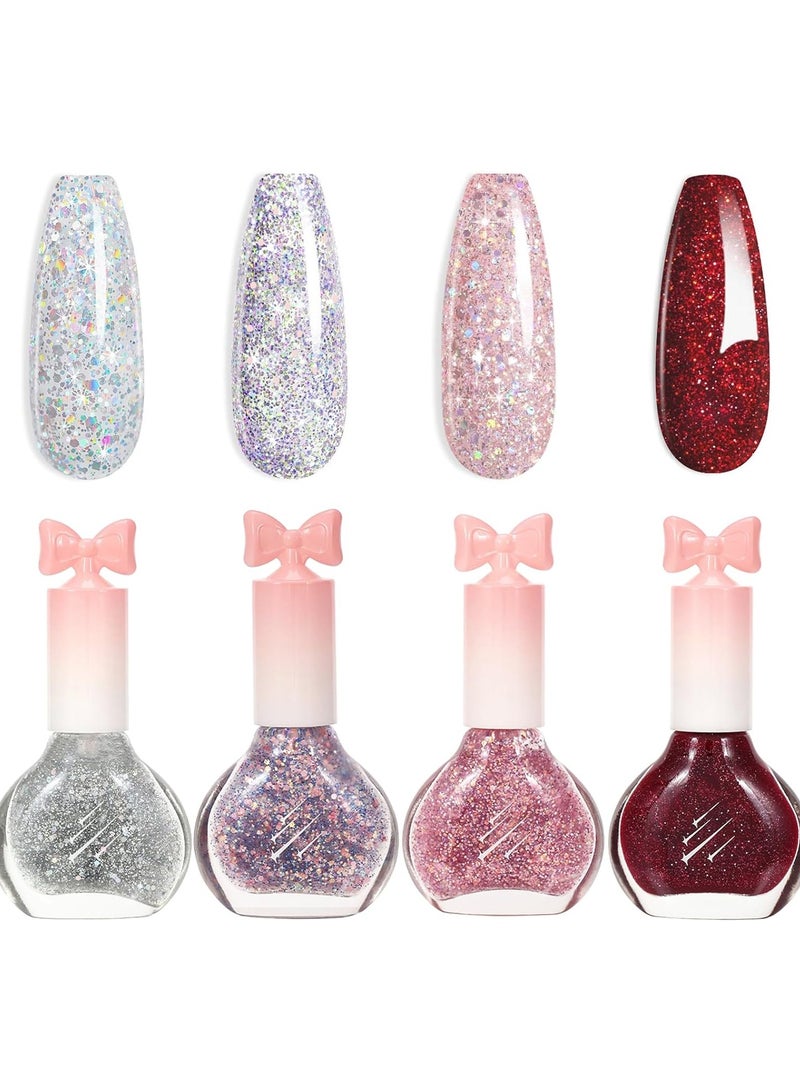 Excefore Glitter Nail Polish Set, 4Pcs Sliver Pink Purple Red Nail Varnish Set, Sparkly Shinny Natural Look Quick Dry Nail Varnish Gift Set DIY Long Lasting Nail Art Home - Image 1