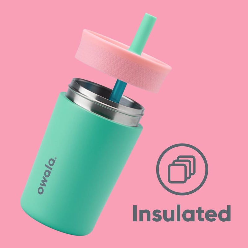 Owala Kids Insulation Stainless Steel Tumbler with Spill Resistant Flexible Straw, Easy to Clean, Kids Water Bottle, Great for Travel, Dishwasher Safe, 12 Oz, Pink and Teal (Real Cool Fish) - Image 3