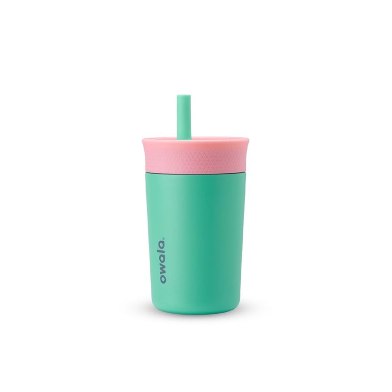 Owala Kids Insulation Stainless Steel Tumbler with Spill Resistant Flexible Straw, Easy to Clean, Kids Water Bottle, Great for Travel, Dishwasher Safe, 12 Oz, Pink and Teal (Real Cool Fish) - Image 1