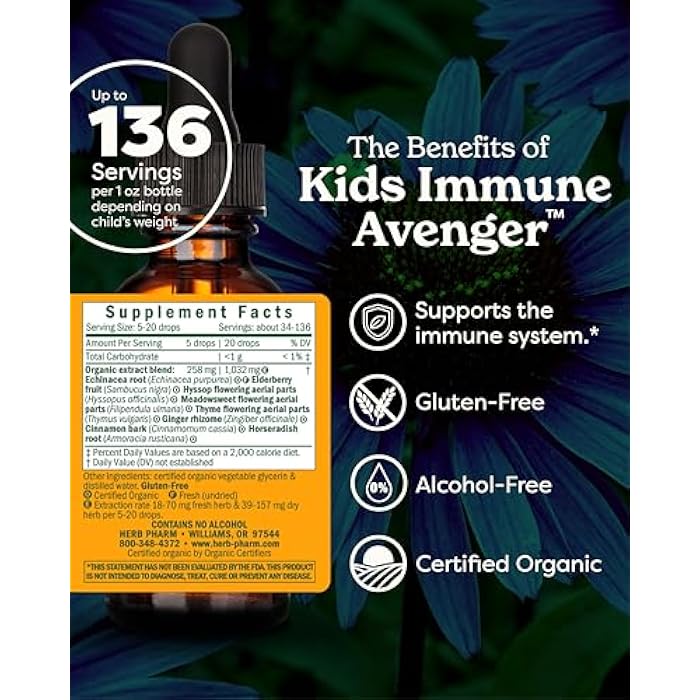 Herb Pharm Kids Certified-Organic Alcohol-Free Immune Avenger Herbal Formula, 1 Ounce - Image 2
