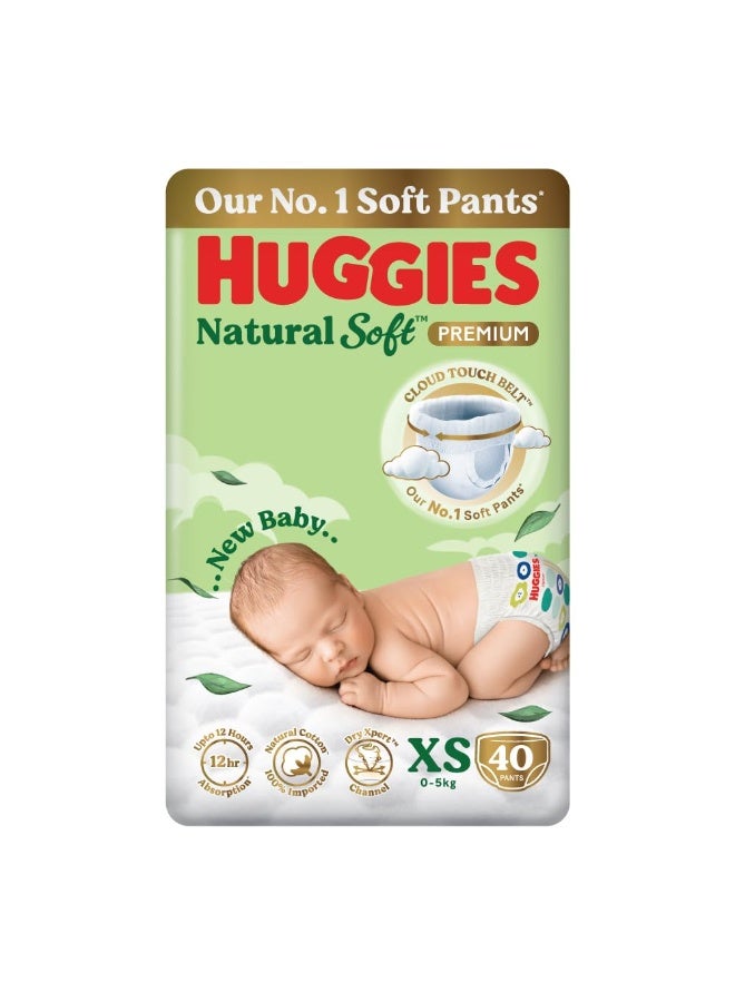 Huggies Natural Soft Premium Baby Diaper Pants, Our No.1 Soft Pants, New Born/Extra Small (XS) Size (0-5 Kgs), Pack of 40 | Cloud Softness All over with India's 1st Cloud Touch BeltTM