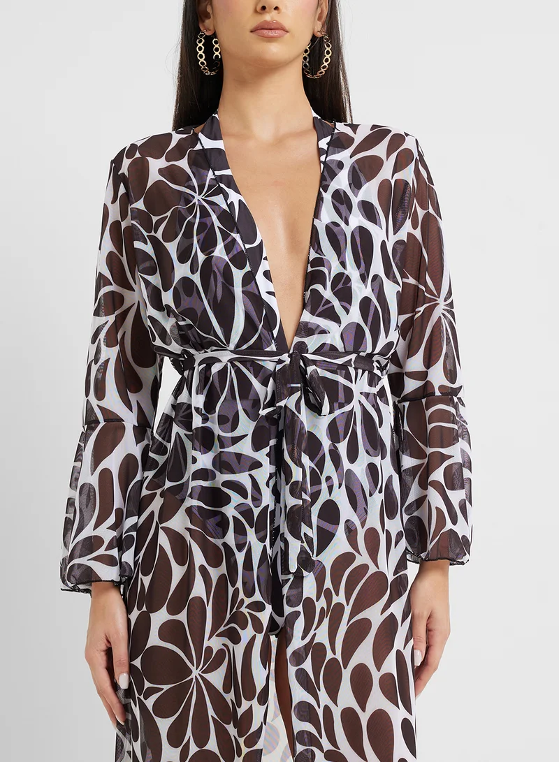 ELLA Plunge Neck Swimsuit In Printed With Beach Kimono