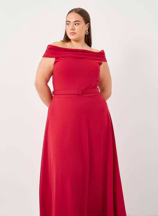 Styli Plus Red Off Shoulder Maxi Dress with Belt - Image 3