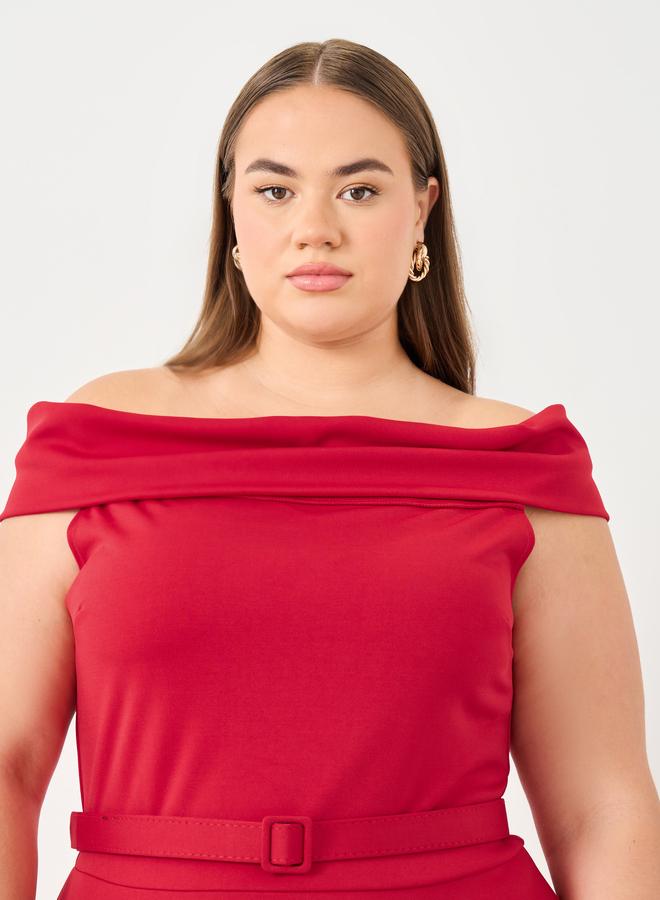 Styli Plus Red Off Shoulder Maxi Dress with Belt - Image 4