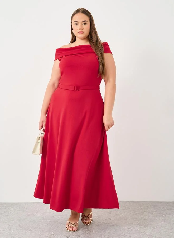 ستايلي Styli Plus Red Off Shoulder Maxi Dress with Belt