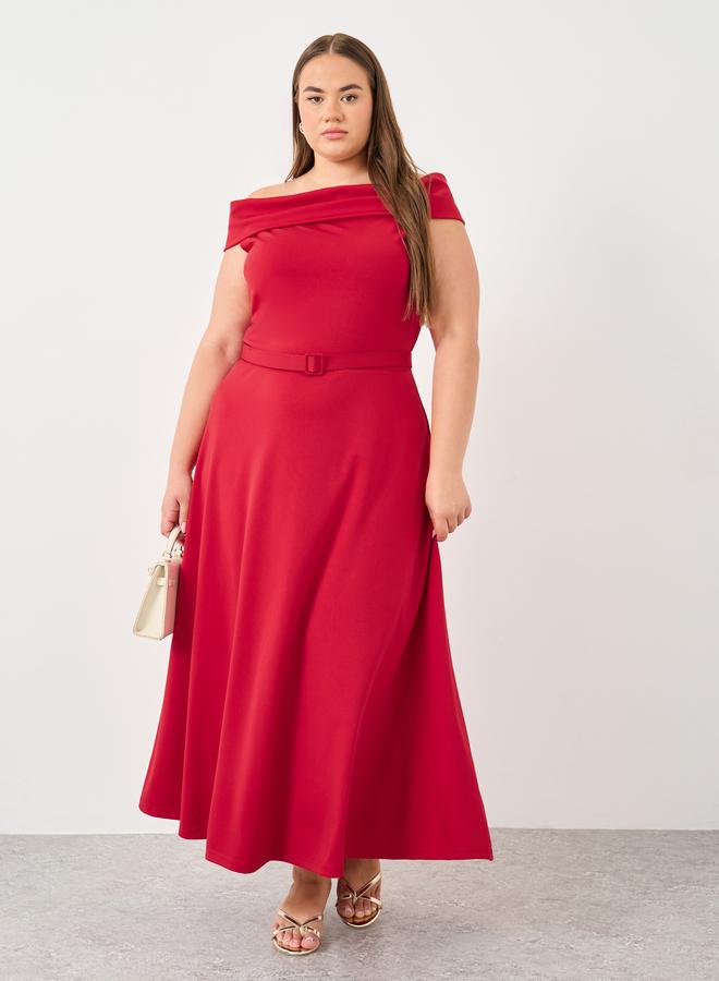 Styli Plus Red Off Shoulder Maxi Dress with Belt - Image 2