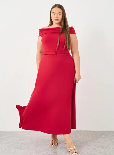 Styli Styli Plus Red Off Shoulder Maxi Dress with Belt
