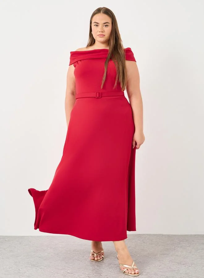 ستايلي Styli Plus Red Off Shoulder Maxi Dress with Belt