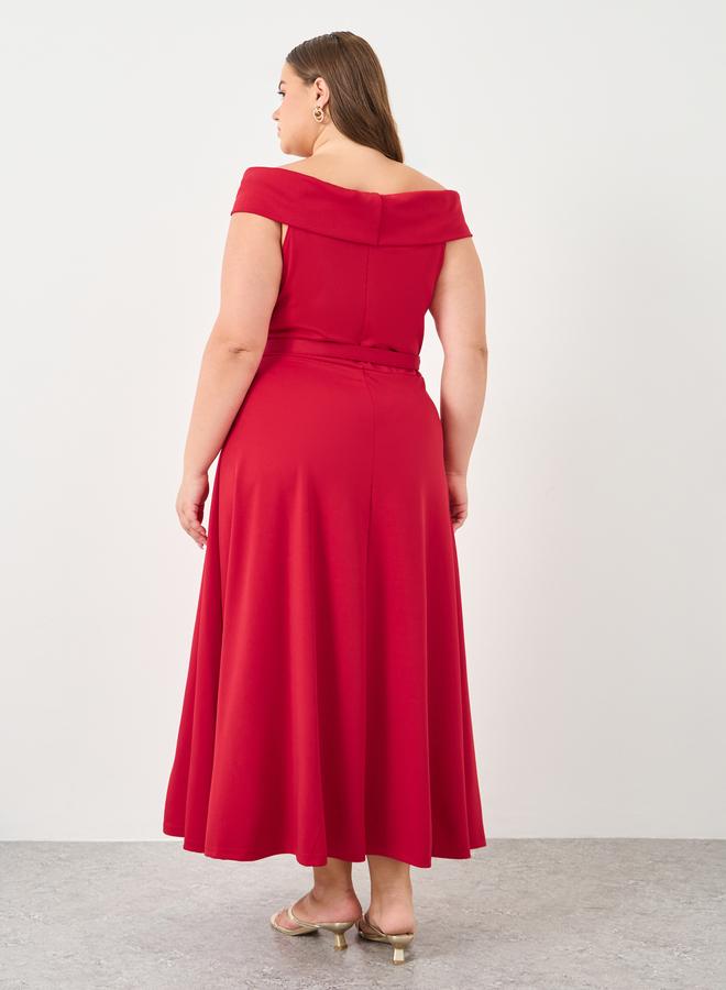 Styli Plus Red Off Shoulder Maxi Dress with Belt - Image 5