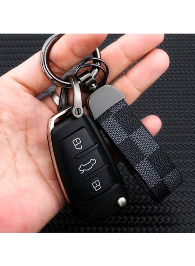 Car PU Leather Metal Keychain Plaid Leather Zinc Alloy Ring 360° Rotating Car Universal Wrist Band Key School Bag Car Decoration Pendant(Black+Send a Screwdriver) - Image 1