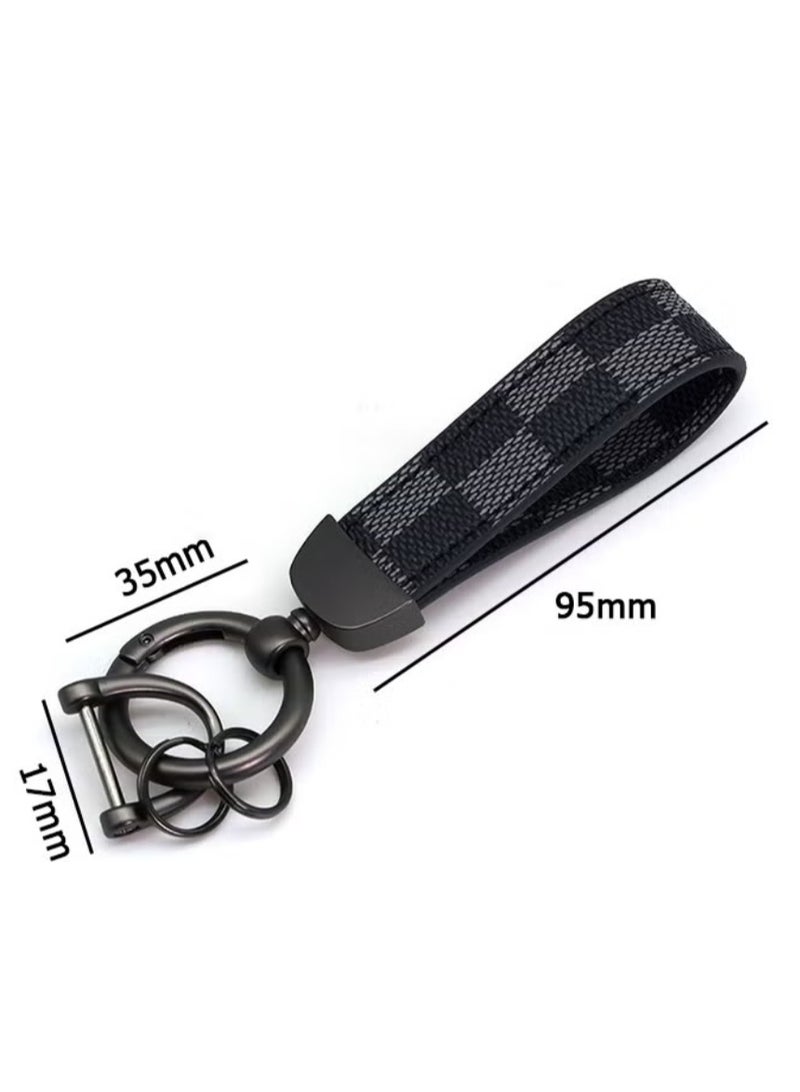 Car PU Leather Metal Keychain Plaid Leather Zinc Alloy Ring 360° Rotating Car Universal Wrist Band Key School Bag Car Decoration Pendant(Black+Send a Screwdriver) - Image 4