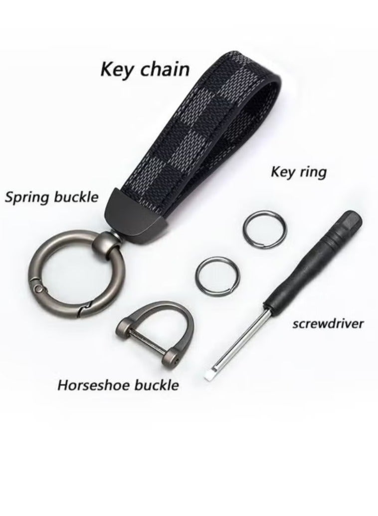Car PU Leather Metal Keychain Plaid Leather Zinc Alloy Ring 360° Rotating Car Universal Wrist Band Key School Bag Car Decoration Pendant(Black+Send a Screwdriver) - Image 3