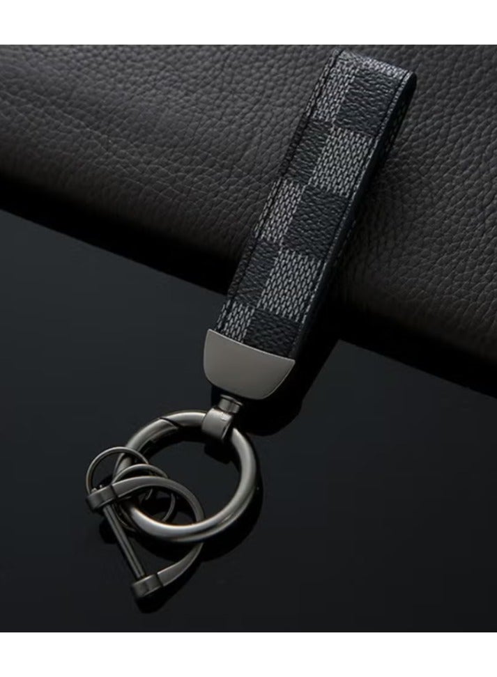 Car PU Leather Metal Keychain Plaid Leather Zinc Alloy Ring 360° Rotating Car Universal Wrist Band Key School Bag Car Decoration Pendant(Black+Send a Screwdriver) - Image 5