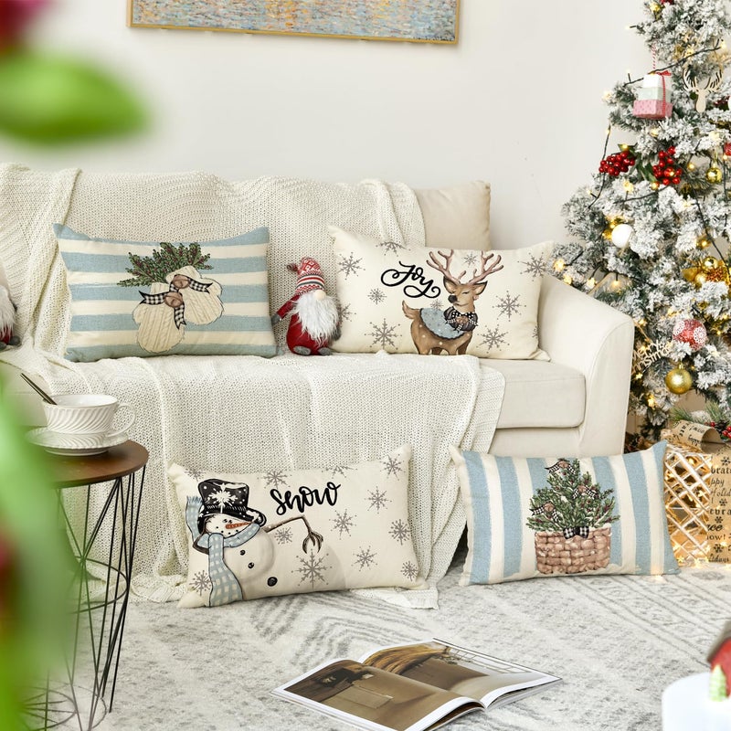 AVOIN colorlife AVOIN colorlife Christmas Snowman Reindeer Gloves Eucalyptus Blue Throw Pillow Covers  12 x 20 Inch Winter Holiday Stripes Cushion Case Decoration for Sofa Couch Set of 4  - Image 2