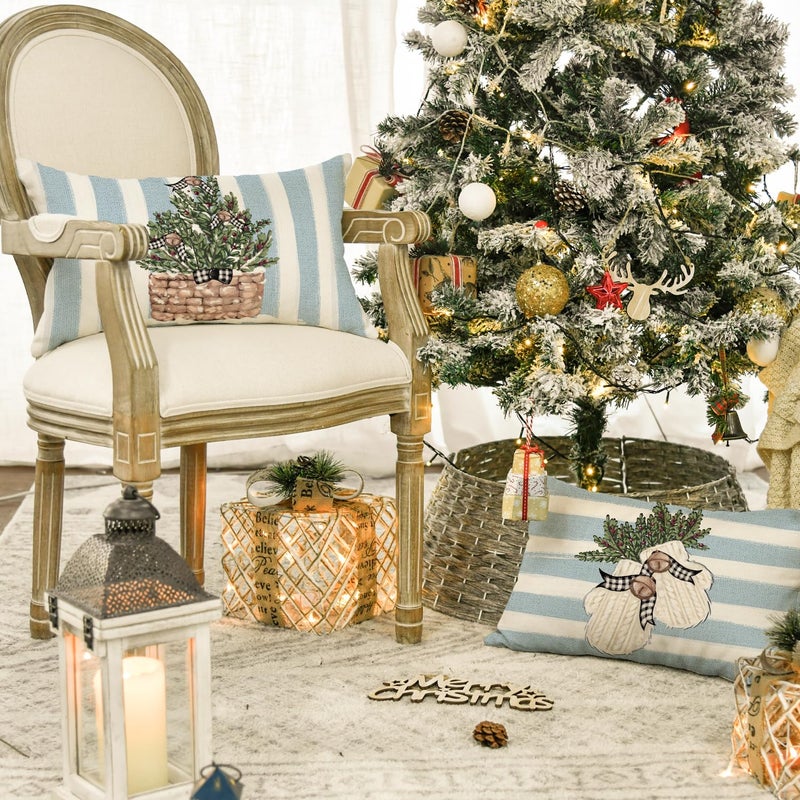 AVOIN colorlife AVOIN colorlife Christmas Snowman Reindeer Gloves Eucalyptus Blue Throw Pillow Covers  12 x 20 Inch Winter Holiday Stripes Cushion Case Decoration for Sofa Couch Set of 4  - Image 3