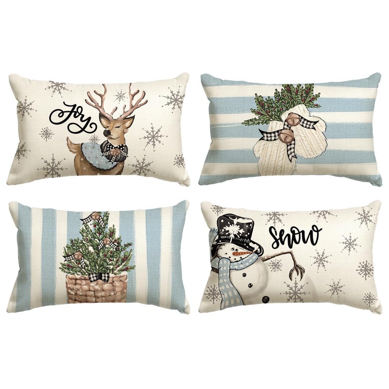 AVOIN colorlife AVOIN colorlife Christmas Snowman Reindeer Gloves Eucalyptus Blue Throw Pillow Covers  12 x 20 Inch Winter Holiday Stripes Cushion Case Decoration for Sofa Couch Set of 4  - Image 1