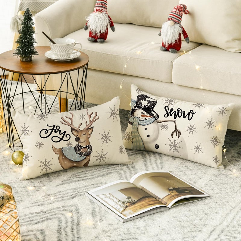 AVOIN colorlife AVOIN colorlife Christmas Snowman Reindeer Gloves Eucalyptus Blue Throw Pillow Covers  12 x 20 Inch Winter Holiday Stripes Cushion Case Decoration for Sofa Couch Set of 4  - Image 4