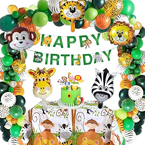SKEFOLI Safari Birthday Decorations 58PC Wild Jungle Theme Party Supply Animal Balloon Garland Kit Baby Shower Decor for Boy with Monkey Tiger Lion Zebra Reusable Balloon Happy Birthday Banner Tablecloth - Image 1