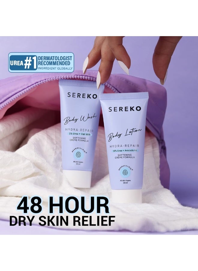 SEREKO Hydra Repair Body Wash 30ml  SEREKO Hydra Repair Body Lotion 30m | 48H Skin Relief Body Wash and Lotion Travel Combo | Urea Treatment for Strawberry Legs, Detan, Brightening |Gentle Exfoliating, AHA & BHA Free for Very Dry, Flaky Skin - Image 2