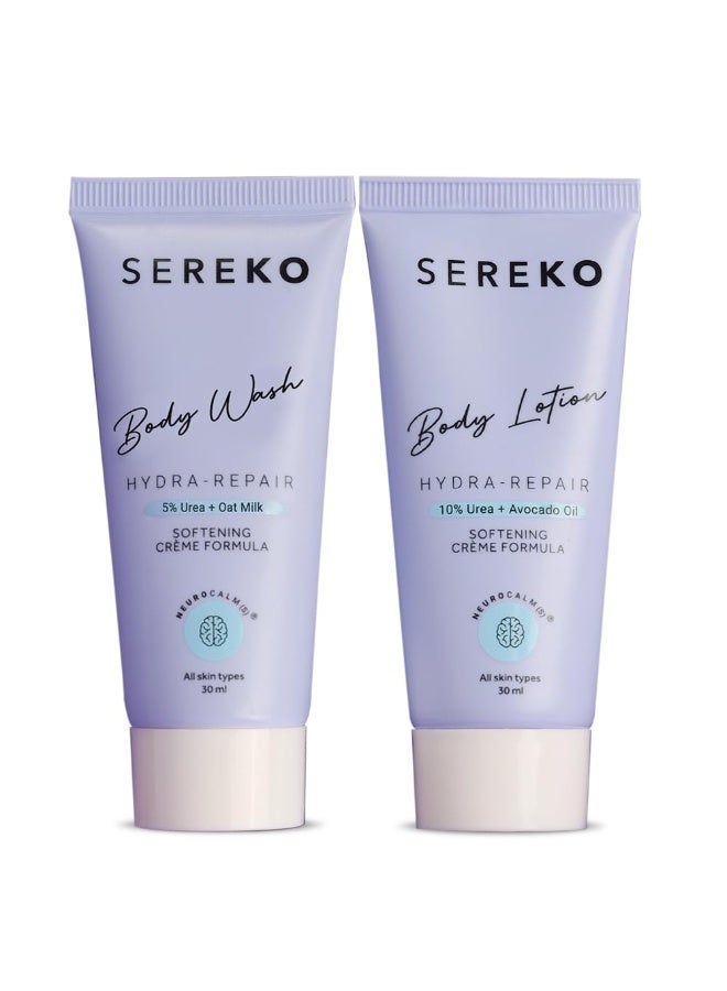 SEREKO Hydra Repair Body Wash 30ml  SEREKO Hydra Repair Body Lotion 30m | 48H Skin Relief Body Wash and Lotion Travel Combo | Urea Treatment for Strawberry Legs, Detan, Brightening |Gentle Exfoliating, AHA & BHA Free for Very Dry, Flaky Skin - Image 1