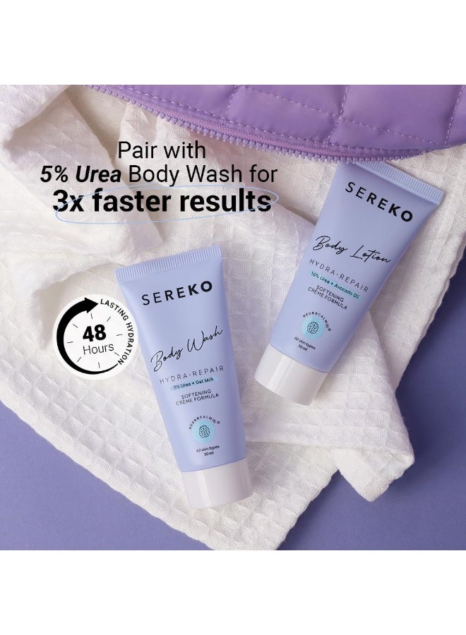 SEREKO Hydra Repair Body Wash 30ml  SEREKO Hydra Repair Body Lotion 30m | 48H Skin Relief Body Wash and Lotion Travel Combo | Urea Treatment for Strawberry Legs, Detan, Brightening |Gentle Exfoliating, AHA & BHA Free for Very Dry, Flaky Skin - Image 4