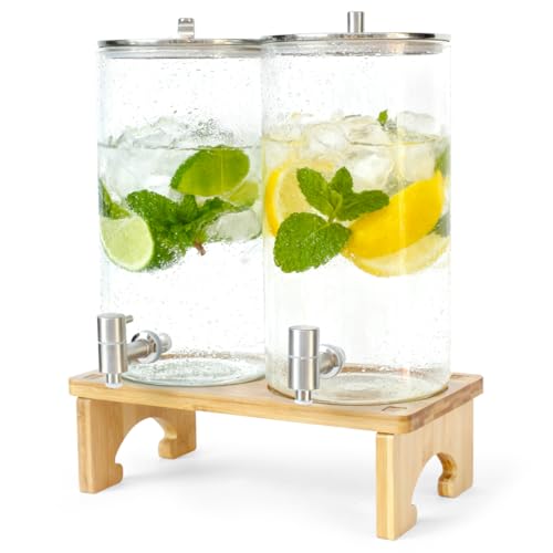 PSUTBPAT 2 Pack 1.5 Gallon Drink dispenser with Stand，Glass Beverage Dispenser With Wood Stand, 18/8 Stainless Steel Spigot and Labels Large Water Drink Dispensers for Parties, Lemonade,Juice, Tea - Image 1