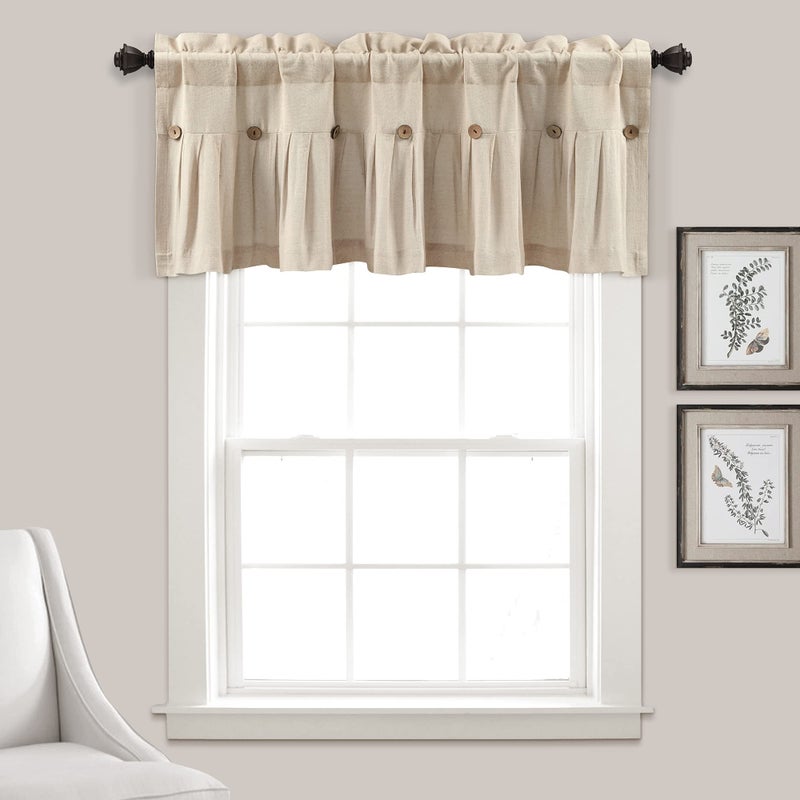 Lush Decor Linen Button Farmhouse Valance Curtians 52"W x 18"L Dark Linen - Linen Valances For Windows - Kitchen Curtains Valances - Bathroom Curtain - Image 1