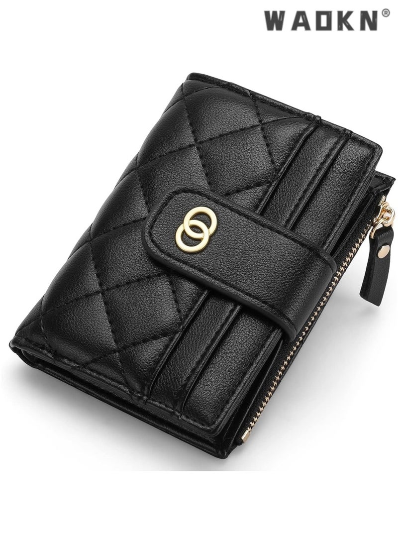 دبليو أيه أو كي أن الحد الأدنى من محفظة السيدات سستة صغيرة ، رقيقة جدا بو الجلود مطوية مزدوجة المحفظة بطاقة الائتمان مع نافذة بطاقة الهوية ، حقيبة يد السيدات عملة صغيرة المحفظة ، أسود - Image 1