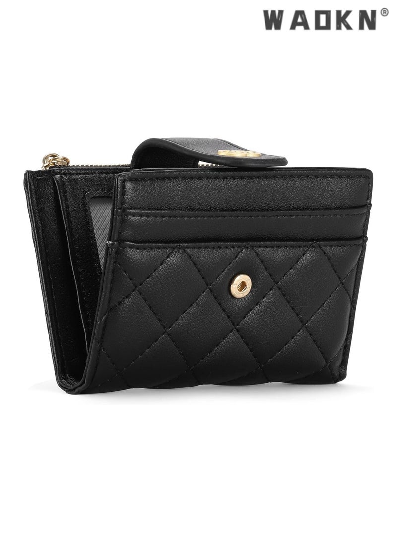 دبليو أيه أو كي أن الحد الأدنى من محفظة السيدات سستة صغيرة ، رقيقة جدا بو الجلود مطوية مزدوجة المحفظة بطاقة الائتمان مع نافذة بطاقة الهوية ، حقيبة يد السيدات عملة صغيرة المحفظة ، أسود - Image 4