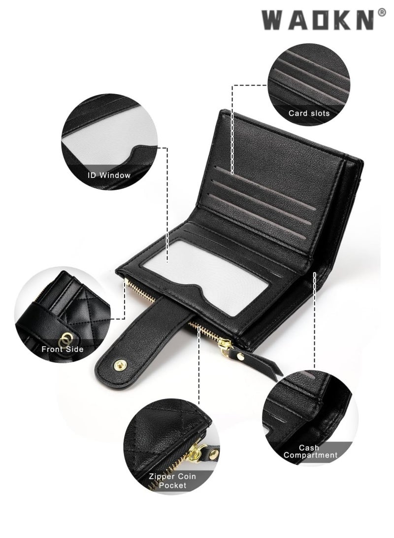 دبليو أيه أو كي أن الحد الأدنى من محفظة السيدات سستة صغيرة ، رقيقة جدا بو الجلود مطوية مزدوجة المحفظة بطاقة الائتمان مع نافذة بطاقة الهوية ، حقيبة يد السيدات عملة صغيرة المحفظة ، أسود - Image 5