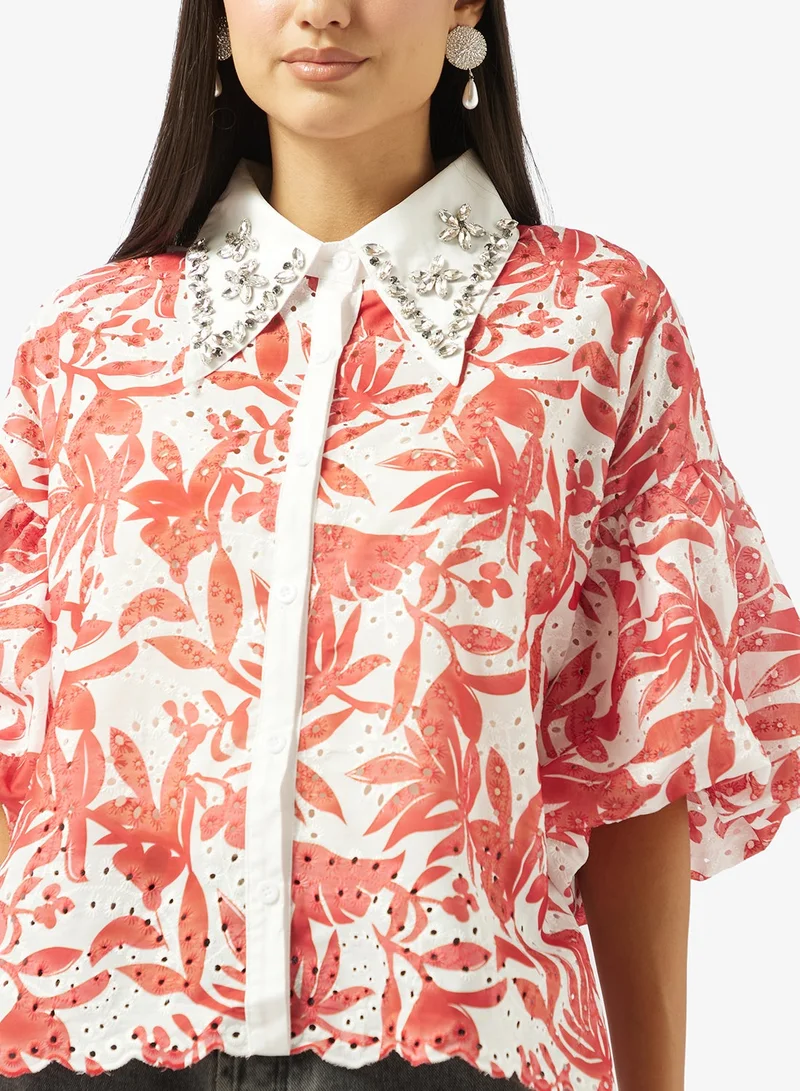 Ella  Printed Shirt With Embellished Collar for Women | Best Price UAE