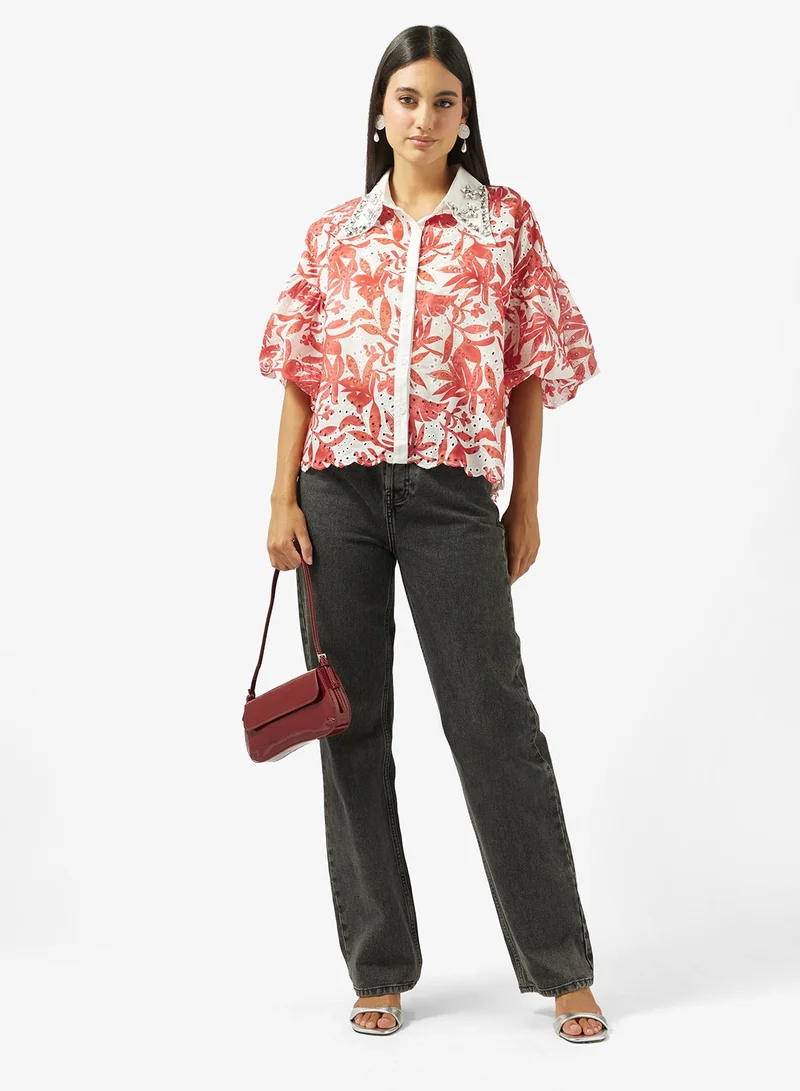 Ella  Printed Shirt With Embellished Collar for Women | Best Price UAE