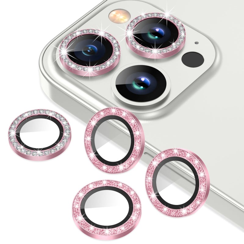 AGVEE 3+3 6 Pack for iPhone 12 Pro Max 6.7" Camera Lens Protector, Bling Diamond & Bling Glitter Metal Ring 9H Tempered HD Glass Camera Cover Film, Bling-Pink - Image 1