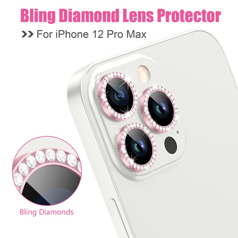 AGVEE 3+3 6 Pack for iPhone 12 Pro Max 6.7" Camera Lens Protector, Bling Diamond & Bling Glitter Metal Ring 9H Tempered HD Glass Camera Cover Film, Bling-Pink - Image 4