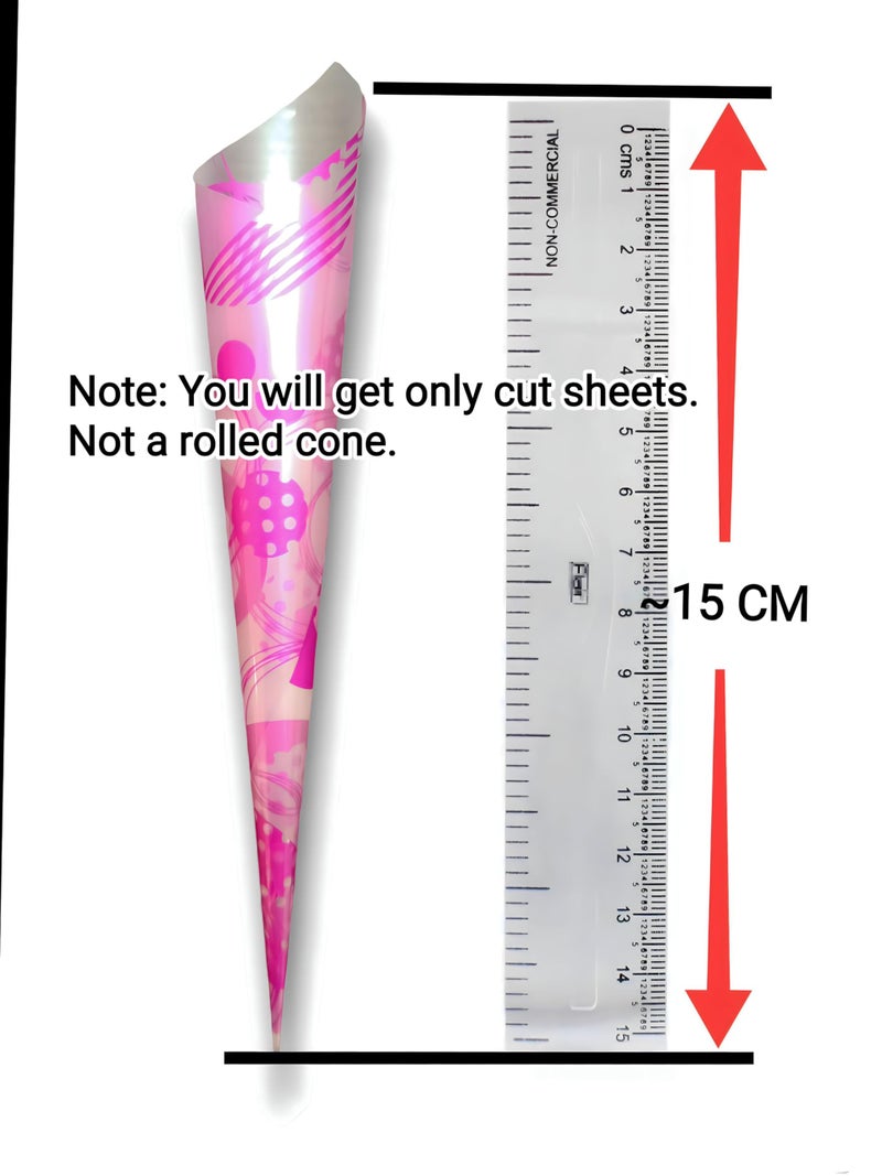 Saairaa Organics Printed Design Pre Cut Multicolour Frozen Cellophane Sheets for mehndi cone 30 Micron 6.75 Inch X 5 Inch (60 Pcs) with 0.7 MM Plastic Pins for Cone Rolling (60 Pcs) - Image 5