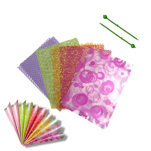 Saairaa Organics Printed Design Pre Cut Multicolour Frozen Cellophane Sheets for mehndi cone 30 Micron 6.75 Inch X 5 Inch (60 Pcs) with 0.7 MM Plastic Pins for Cone Rolling (60 Pcs) - Image 1
