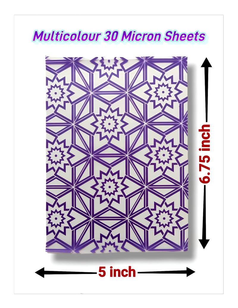 Saairaa Organics Printed Design Pre Cut Multicolour Frozen Cellophane Sheets for mehndi cone 30 Micron 6.75 Inch X 5 Inch (60 Pcs) with 0.7 MM Plastic Pins for Cone Rolling (60 Pcs) - Image 2
