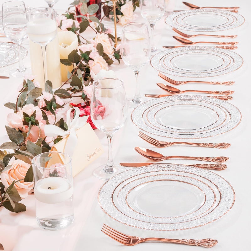 Joyido 300PCS Rose Gold Plastic Silverware - Heavy Duty Elegant Disposable Utensils - Vintage Rose Gold Cutlery Set Includes 100 Forks  100 Spoons  100 Knives for Dinner Parties Weddings - Image 4