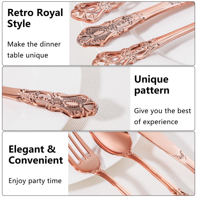 Joyido 300PCS Rose Gold Plastic Silverware - Heavy Duty Elegant Disposable Utensils - Vintage Rose Gold Cutlery Set Includes 100 Forks  100 Spoons  100 Knives for Dinner Parties Weddings - Image 2