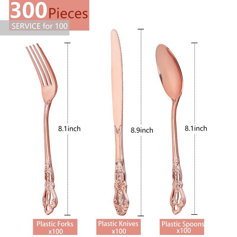 Joyido 300PCS Rose Gold Plastic Silverware - Heavy Duty Elegant Disposable Utensils - Vintage Rose Gold Cutlery Set Includes 100 Forks  100 Spoons  100 Knives for Dinner Parties Weddings - Image 1