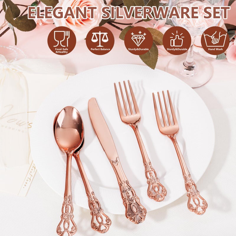 Joyido 300PCS Rose Gold Plastic Silverware - Heavy Duty Elegant Disposable Utensils - Vintage Rose Gold Cutlery Set Includes 100 Forks  100 Spoons  100 Knives for Dinner Parties Weddings - Image 3