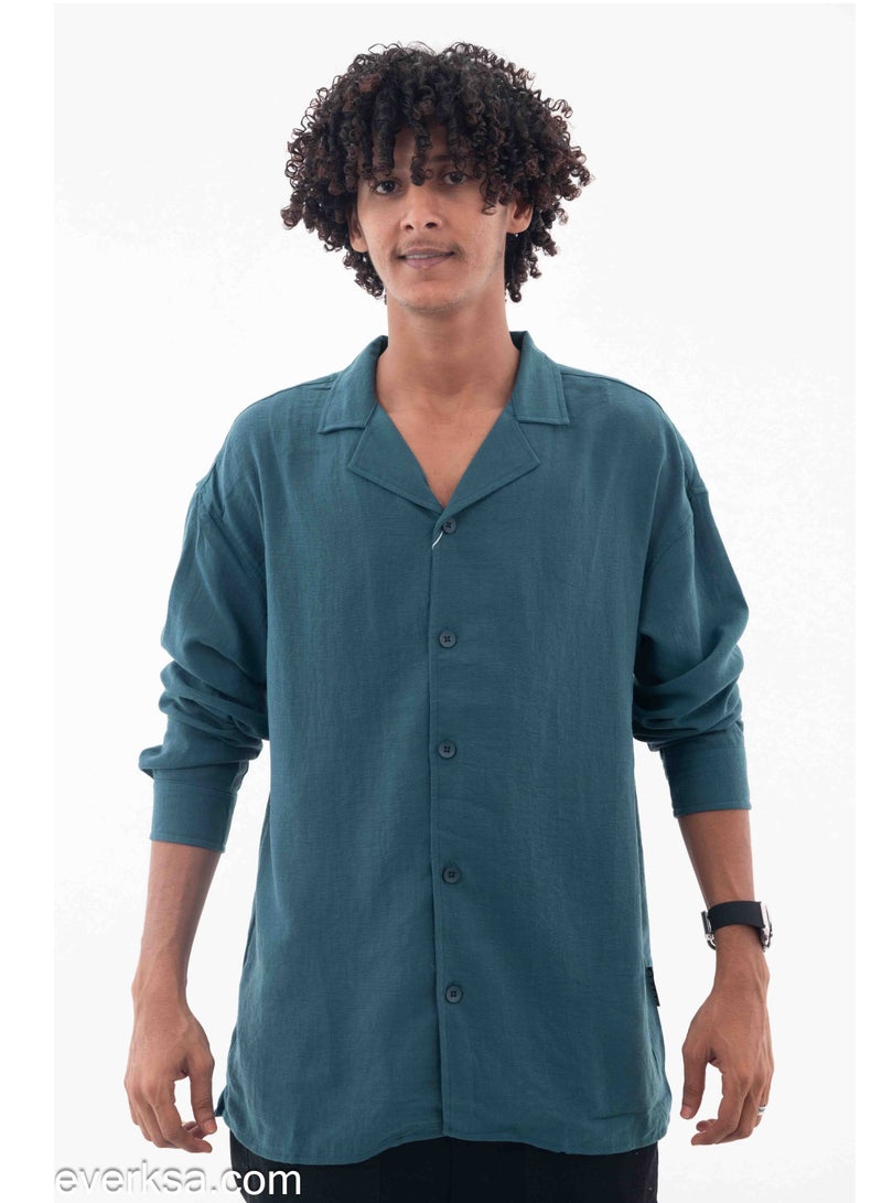 Everest Men's Plain Linen Long Sleeve Turquoise Shirt - Image 1