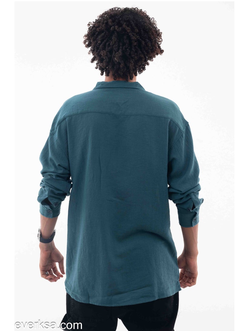 Everest Men's Plain Linen Long Sleeve Turquoise Shirt - Image 2