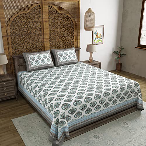 BLOCKS OF INDIA Hand Block Printed 200 TC Cotton King Size Bedsheet (Grey Motifs) - Image 3