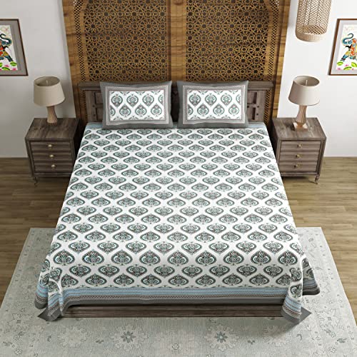 BLOCKS OF INDIA Hand Block Printed 200 TC Cotton King Size Bedsheet (Grey Motifs) - Image 2