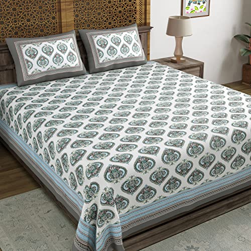 BLOCKS OF INDIA Hand Block Printed 200 TC Cotton King Size Bedsheet (Grey Motifs) - Image 1